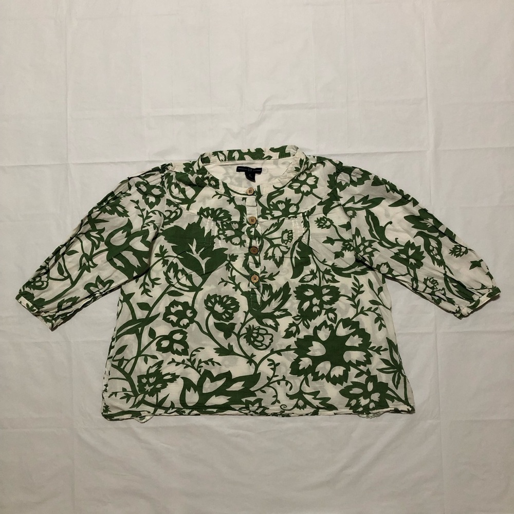 Gap Women’s 3/4 Sleeve 100% Cotton Button-Front Placket Green & White Blouse M